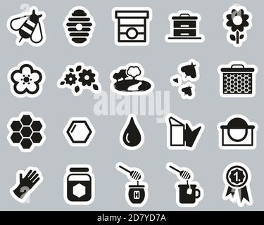 Honey Making & Bee Keeping Equipment Icons Black & White Sticker Set Big Stock Vector