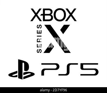 Kiev, Ukraine - September 21, 2020: Microsoftr XBox Series X and Sony Playstation 5 logos, printed on paper. Xbox Series X and the PlayStation 5 are t Stock Photo