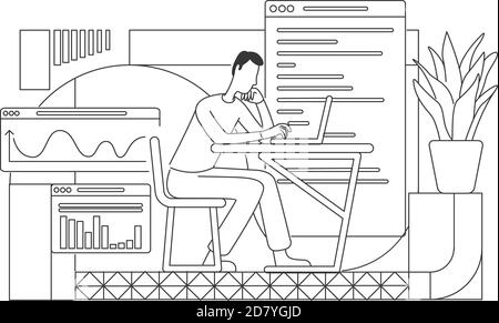 Employee writing financial report thin line vector illustration Stock Vector