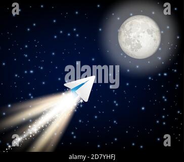 Telegram cryptocurrency flying to the moon like space rocket vector illustration Stock Vector