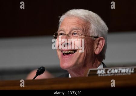 U.S. Senator Roger Wicker, Republican of Mississippi, asks Ajit Pai, FCC Chairman, a question as he testifies before the Senate Senate Commerce, Science And Transportation Committee during an FCC oversight hearing on Capitol Hill in Washington, D.C. on June 12, 2019. Pai answered questions from lawmakers on a wide range of communications topics. Credit: Alex Edelman/The Photo Access Stock Photo