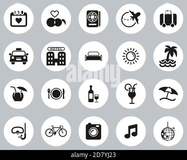 Honeymoon Trip Icons Black & Whitte Flat Design Circle Set Big Stock Vector
