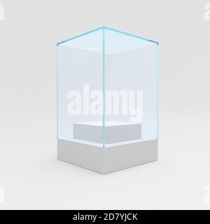 Glass showcase. Empty glass box with white podium for product isolated on white. 3d rendering exhibition and presentation Stock Photo