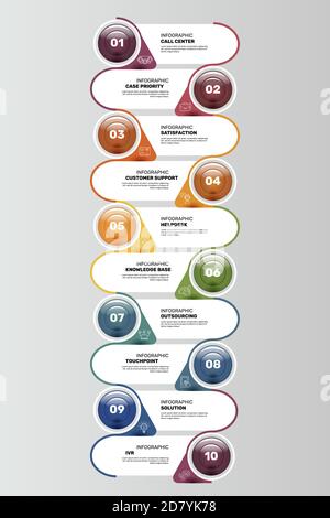 Infographic Customer Service template. Icons in different colors. Include Ivr, Solution, Touchpoint, Outsourcing and others. Stock Vector
