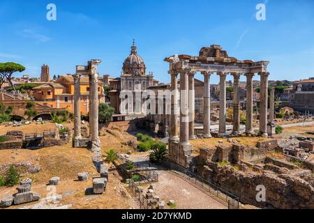 Ancient city of Rome cityscape in Italy, view over ruins of Roman Forum (Foro Romano, Forum Romanum).