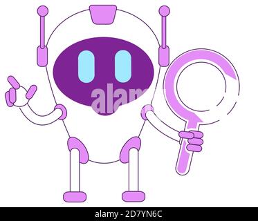Cute modern robot with magnifying glass violet linear object Stock Vector