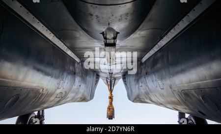 Su-27 fighter aircraft bottom view of the chassis and metal body Stock Photo