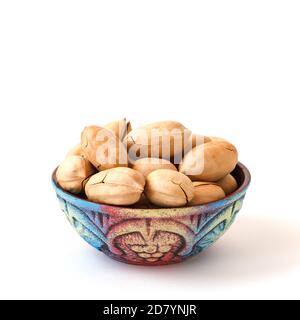 clay bowl with pecan nuts in shell on white background Stock Photo