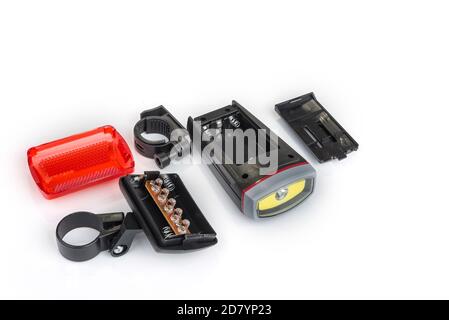 Front and rear led bicycle lights on a white Stock Photo