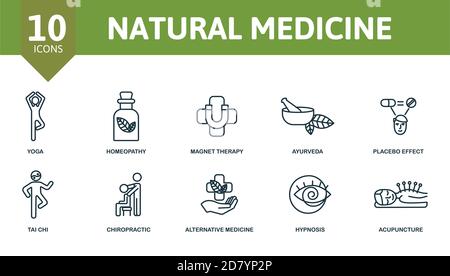 Natural medicine icon set. Collection contain magnet, therapy, yoga, placebo, effect, ayurveda, acupuncture, chiropractic, tai, chi and over icons Stock Vector