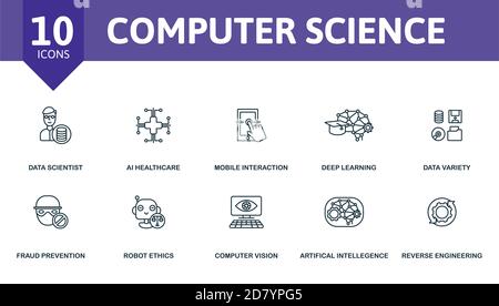 Computer Science icon set. Collection contain engineering, ethics, fraud, prevention, artificial, intelligence and over icons. Computer Science Stock Vector