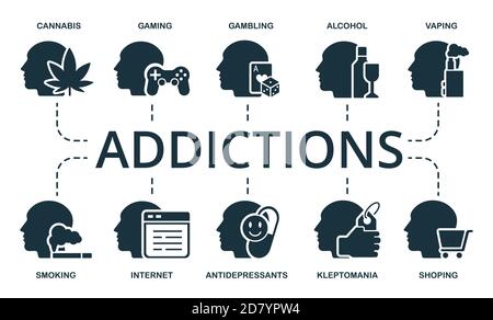 Addiction icon set. Collection contain cannabis gaming gambling