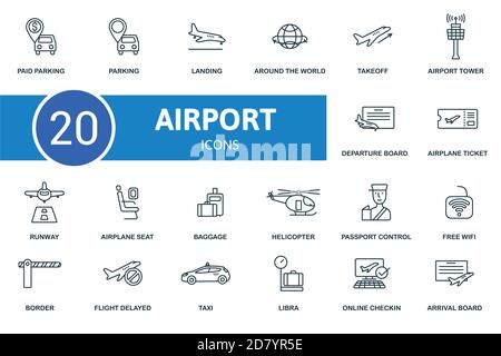 Airport icon set. Collection contain takeoff, landing, departure, board, libra, online, check, in, airplane, ticket and over icons. Airport elements Stock Vector