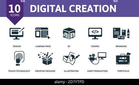 Digital Creation icon set. Collection contain mobile app, landing page, branding, coding, 3d and over icons. Digital Creation elements set. Stock Vector