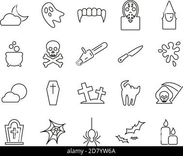 Horror Or Scary Icons Black & White Thin Line Set Big Stock Vector