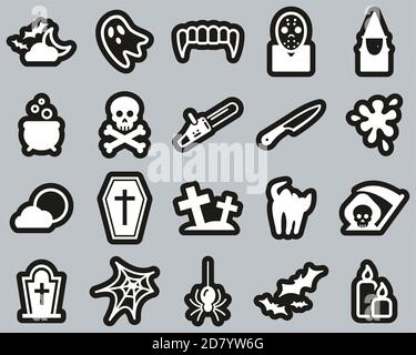 Horror Or Scary Icons White On Black Sticker Set Big Stock Vector