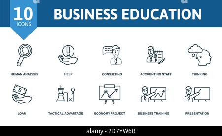 Business Education icon set. Collection contain employee wages, presentation, lessons, accounting staff, loan, analysis and over icons. Business Stock Vector