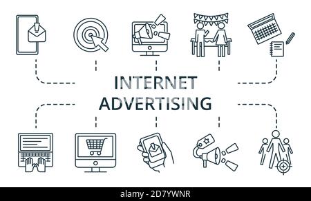 Internet Advertising icon set. Collection contain pack of pixel perfect creative icons. Internet Advertising elements set. Stock Vector