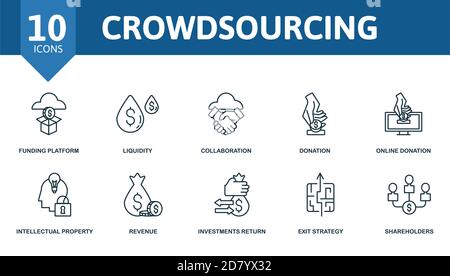 Crowdsourcing icon set. Collection contain backer, funding platform, liquidity, collaboration, donation and over icons. Crowdsourcing elements set. Stock Vector