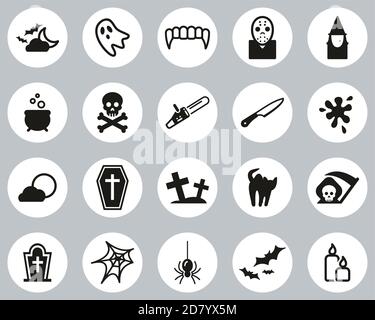 Horror Or Scary Icons Black & White Flat Design Circle Set Big Stock Vector