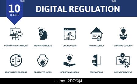 Digital Regulation icon set. Collection contain copyrighted artwork, inspiration ideas, online court, patent agency and over icons. Digital Regulation Stock Vector