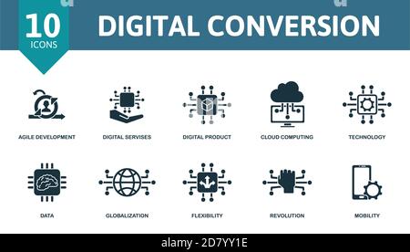 Digital Convertion icon set. Collection contain agile development, digital services, digital product, cloud computing and over icons. Digital Stock Vector