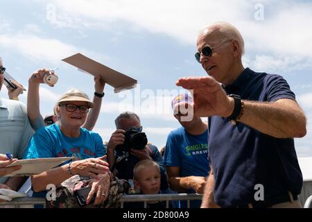 2020 Democratic Hopeful former US Vice President Joe Biden speaks at the Des Moines Register Political Soapbox at the Iowa State Fair on August 8, 2019 in Des Moines, Iowa. Credit: Alex Edelman/The Photo Access Stock Photo