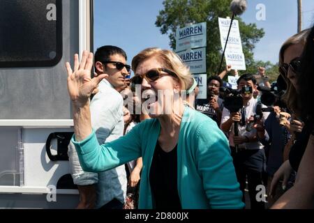 2020 Democratic hopeful Senator Elizabeth Warren, a Democrat from Massachusetts, greets supporters at a rally outside the building where the Wing Ding Dinner will take place on August 9, 2019 in Clear Lake, Iowa. The dinner has become a must attend for Democratic presidential hopefuls ahead of the of Iowa Caucus. Credit: Alex Edelman/The Photo Access Stock Photo