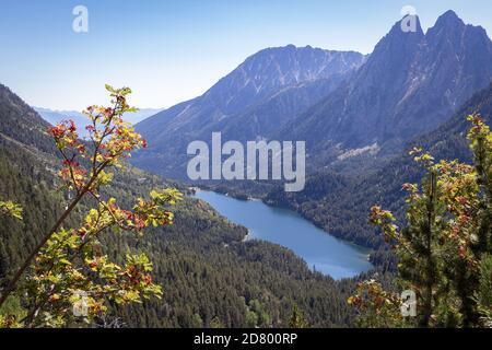 Bird eye view of Sant Maurici mountain lake in the Aiguestortes i Estany de Sant Maurici National Park, Lleida, Spain. Stock Photo