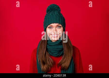 Close-up portrait of her she nice attractive pretty cheerful cheery girl wearing wool warm clothes wintertime look outfit accessory isolated over Stock Photo