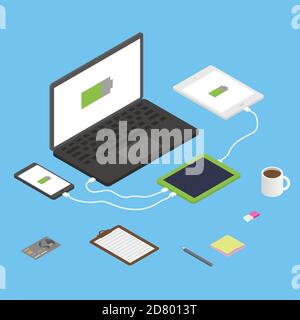 Solar powerbank charging a smartphone, computer and tablet pc. Stock Vector