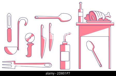 Culinary items red linear objects set Stock Vector