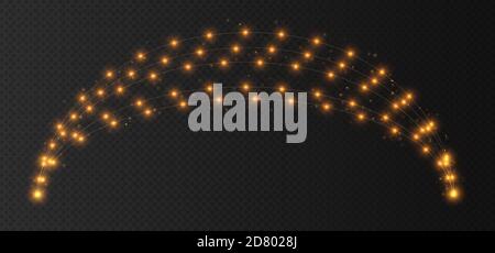 Yellow garland arch, Christmas lights isolated on a dark transparent background. Stock Vector