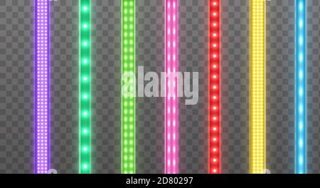 Colorful LED strips collection, bright luminous ribbons isolated on a transparent background. Realistic neon garlands. Stock Vector