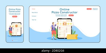 Pizza constructor adaptive landing page flat color vector template Stock Vector