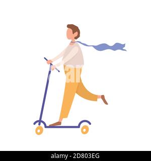 Young faceless man riding kick scooter, cartoon style teenager character pushes off scooter, flat vector illustration isolated on white background Stock Vector