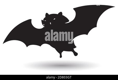 Dark silhouette of flying bat with eyes and fangs, isolated over white background. Stock Vector