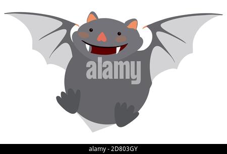 Chubby and cute gray bat smiling and flying, isolated over white background. Stock Vector