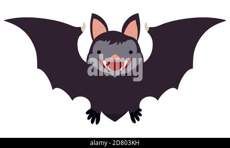 Isolated flying smiling bat with big fangs in flat style over white background. Stock Vector