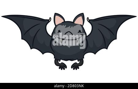 Flying cute bat in cartoon style with dark fur, isolated over white background. Stock Vector