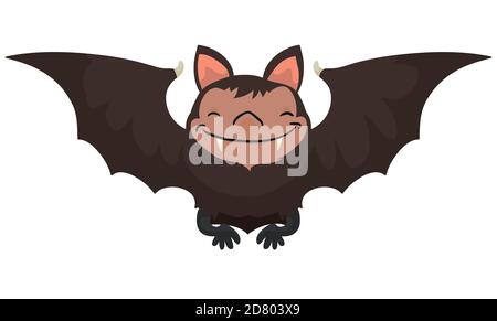 Smiling bat with brown fur and spread wings, isolated over white background. Stock Vector