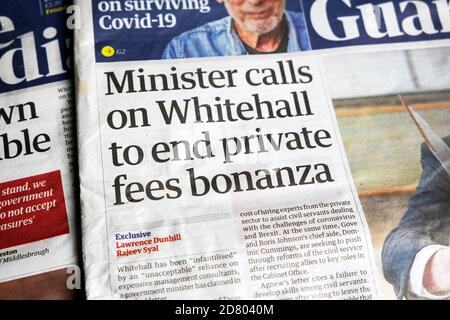 'Minister calls on Whitehall to end private fees bonanza'. Guardian newspaper front page headline London England UK Stock Photo