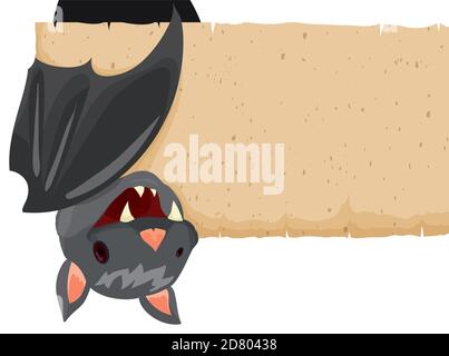 Isolated hanging bat with big smile and fangs, holding an ancient scroll with its wing. Stock Vector