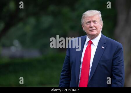 US President Donald Trump arrives at the White House aboard Marine One after a weekend trip to Bedminster, New Jersey on July 7, 2019 in Washington, DC. Credit: Alex Edelman/The Photo Access Stock Photo