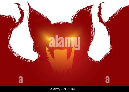 Ferocious vampire red silhouette in hand drawn style with menacing glowing eyes and scream gesture. Stock Vector