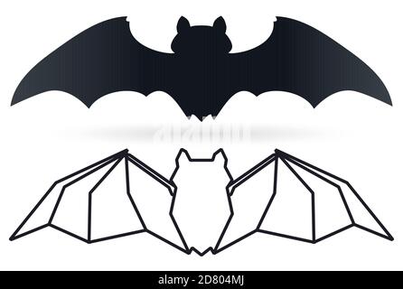 Dark vampire bat silhouette with spread wings and square design in lines, isolated over white background. Stock Vector