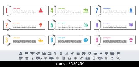 Infographic design business concept vector illustration with 9 steps or options or processes represent work flow or diagram or web button banner Stock Vector
