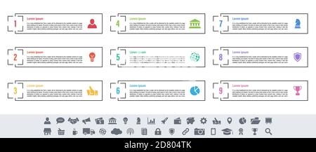 Infographic design business concept vector illustration with 9 steps or options or processes represent work flow or diagram or web button banner Stock Vector
