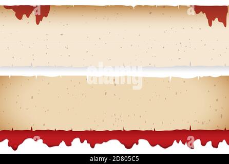 A pair of ancient scrolls templates decorated with blood stains, isolated over white background. Stock Vector