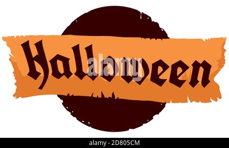 Ragged scroll with Halloween sign over eroded round button, isolated over white background. Stock Vector